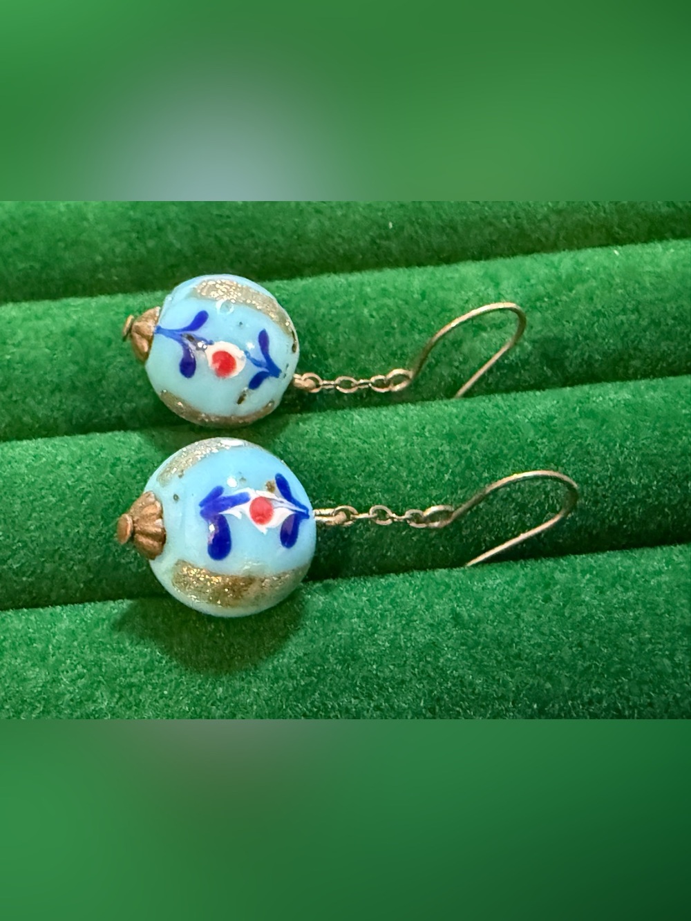 Vintage Murano? Hand-Painted Light Blue Floral Glass Drop Earrings